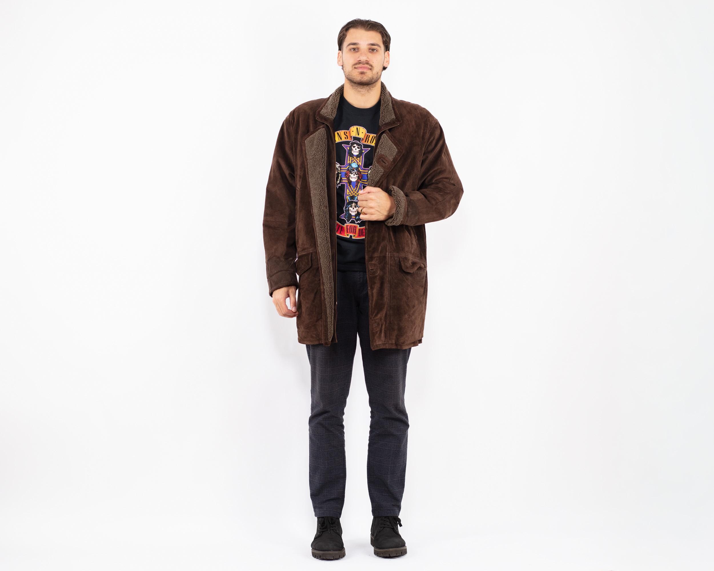 90s Men Brown Suede Sherpa Coat , Size XL Vintage Suede Jacket