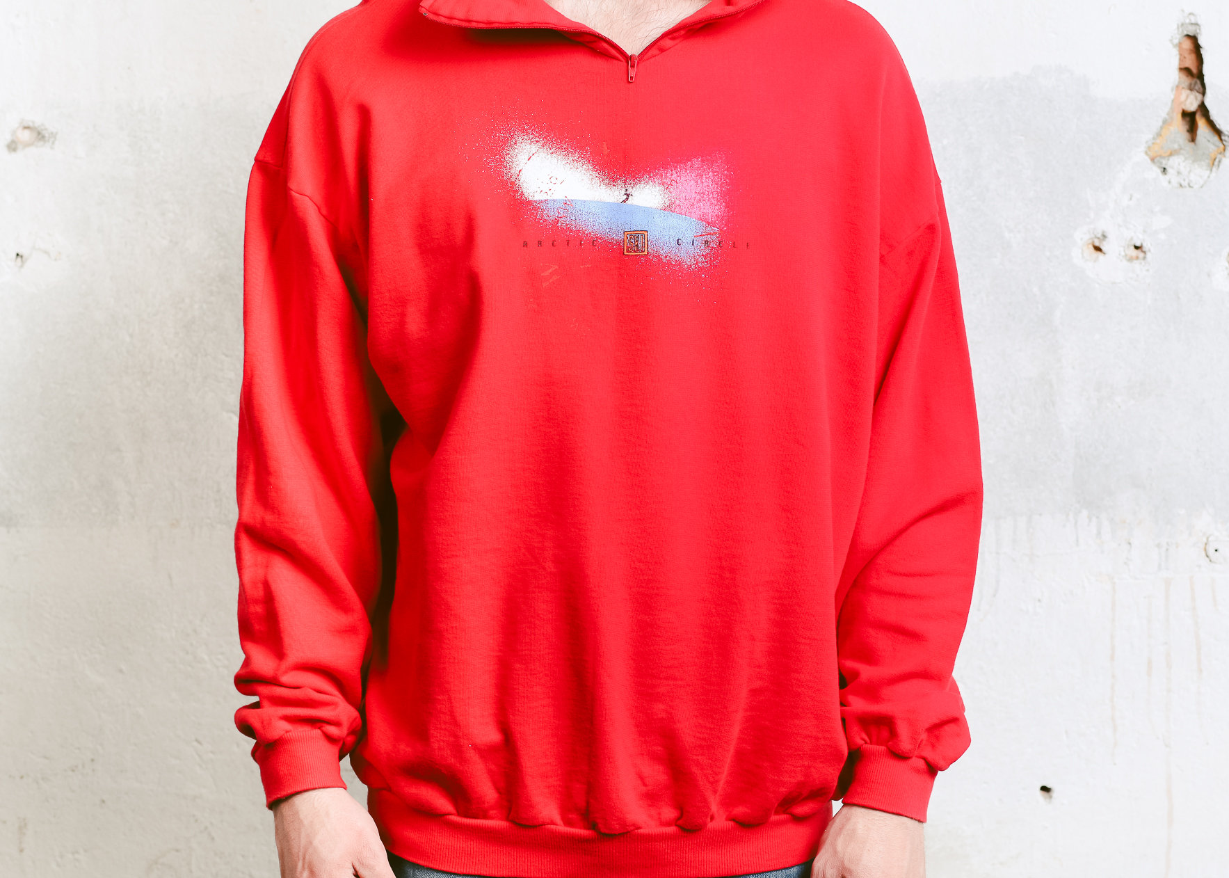 80s Red Men Sweatshirt . Graphic Print Sweater Vintage Red Soft Warm