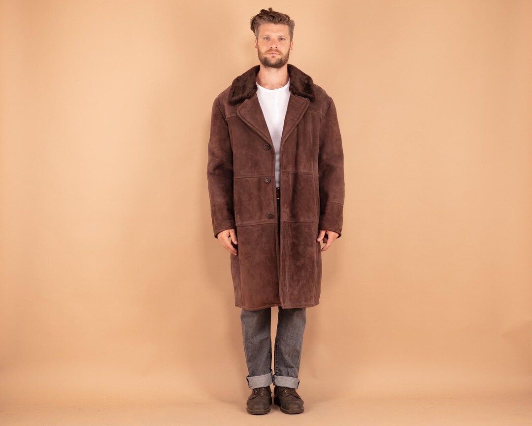Sheepskin Shearling Coat, Shearling Overcoat L/XL, Western Outerwear, Winter Suede Coat
