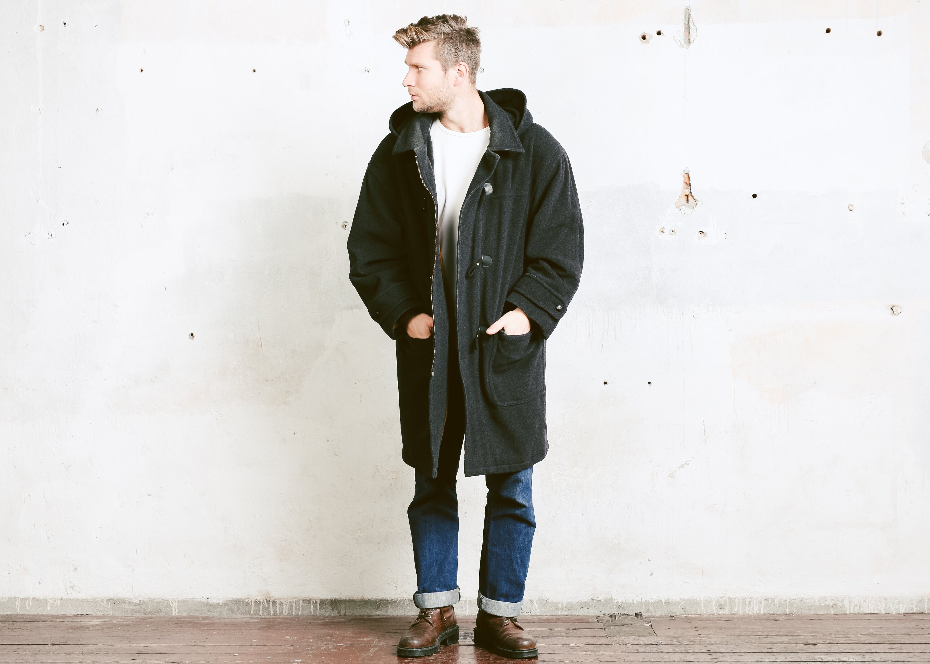 Grey Wool Duffle Coat . Hooded Coat Grey Men's Vintage 1990s Long ...