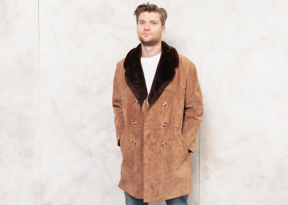 Winter Suede Overcoat Vintage 80s Men Casual Coat