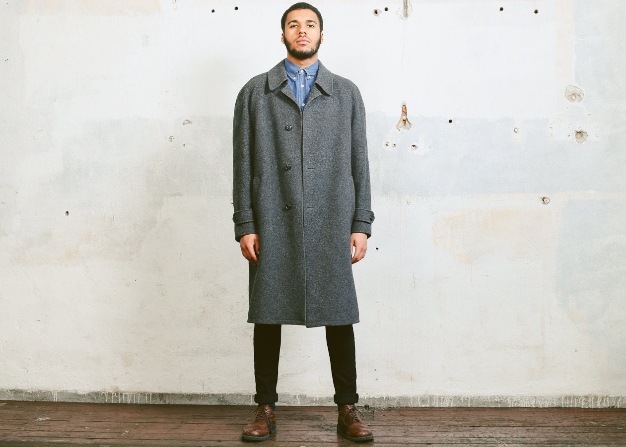 Vintage Wool Winter Coat . Men's Grey 80s Overcoat Single Breasted ...