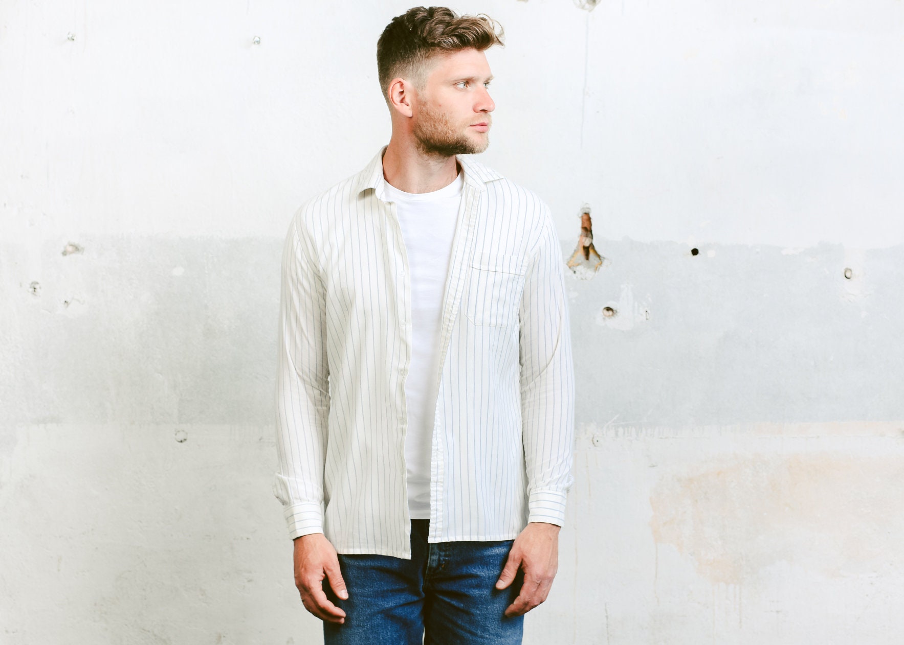 Men's White Striped Shirt . Vintage 90 Shirt Pattern Shirt Printed ...