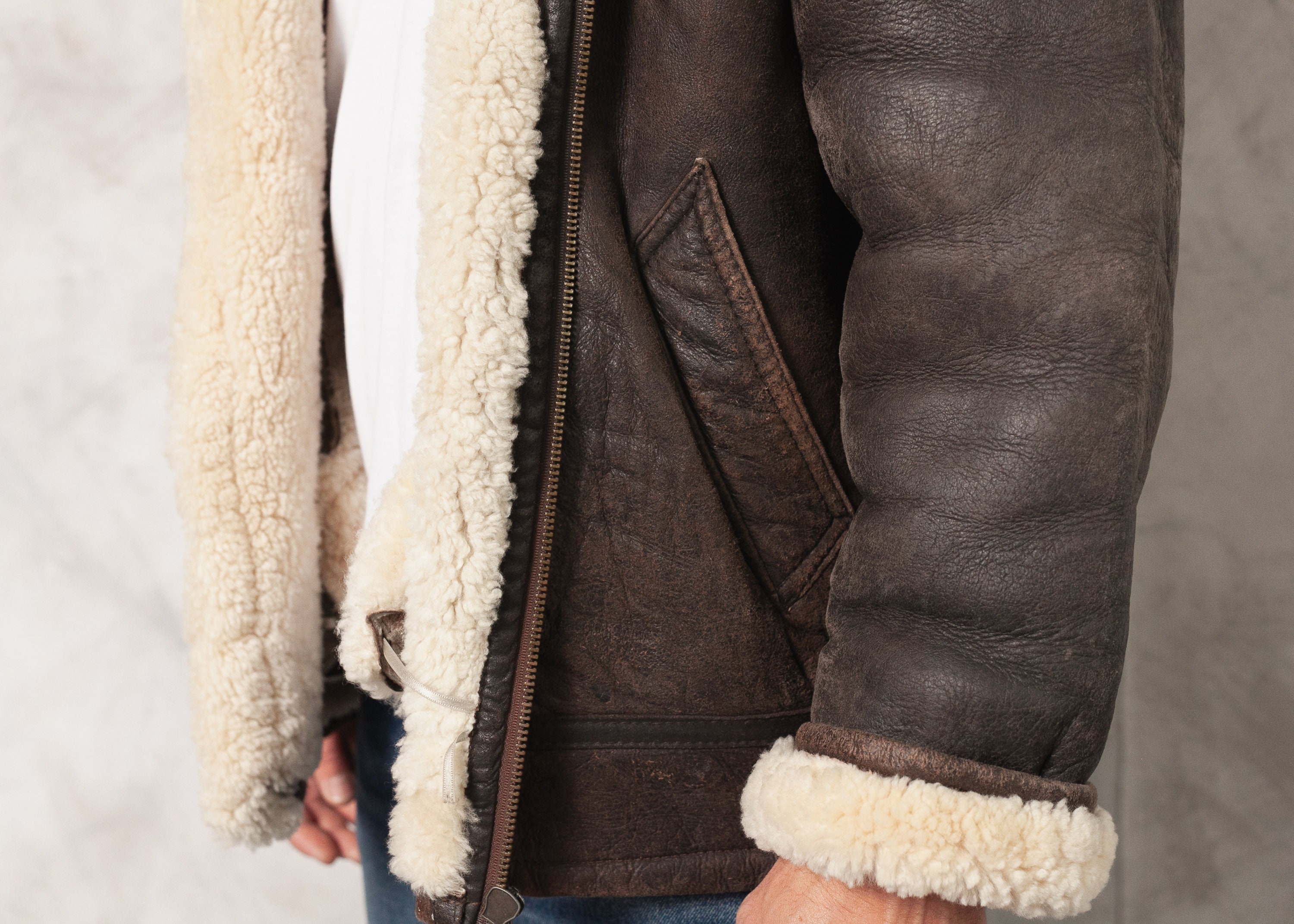 Men Sheepskin Jacket Vintage 90s Mens Zip Up Shearling Jacket
