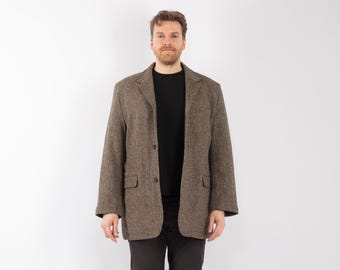 90s Oversized Tweed Blazer: Vintage Beige Wool Jacket (XL/XXL)