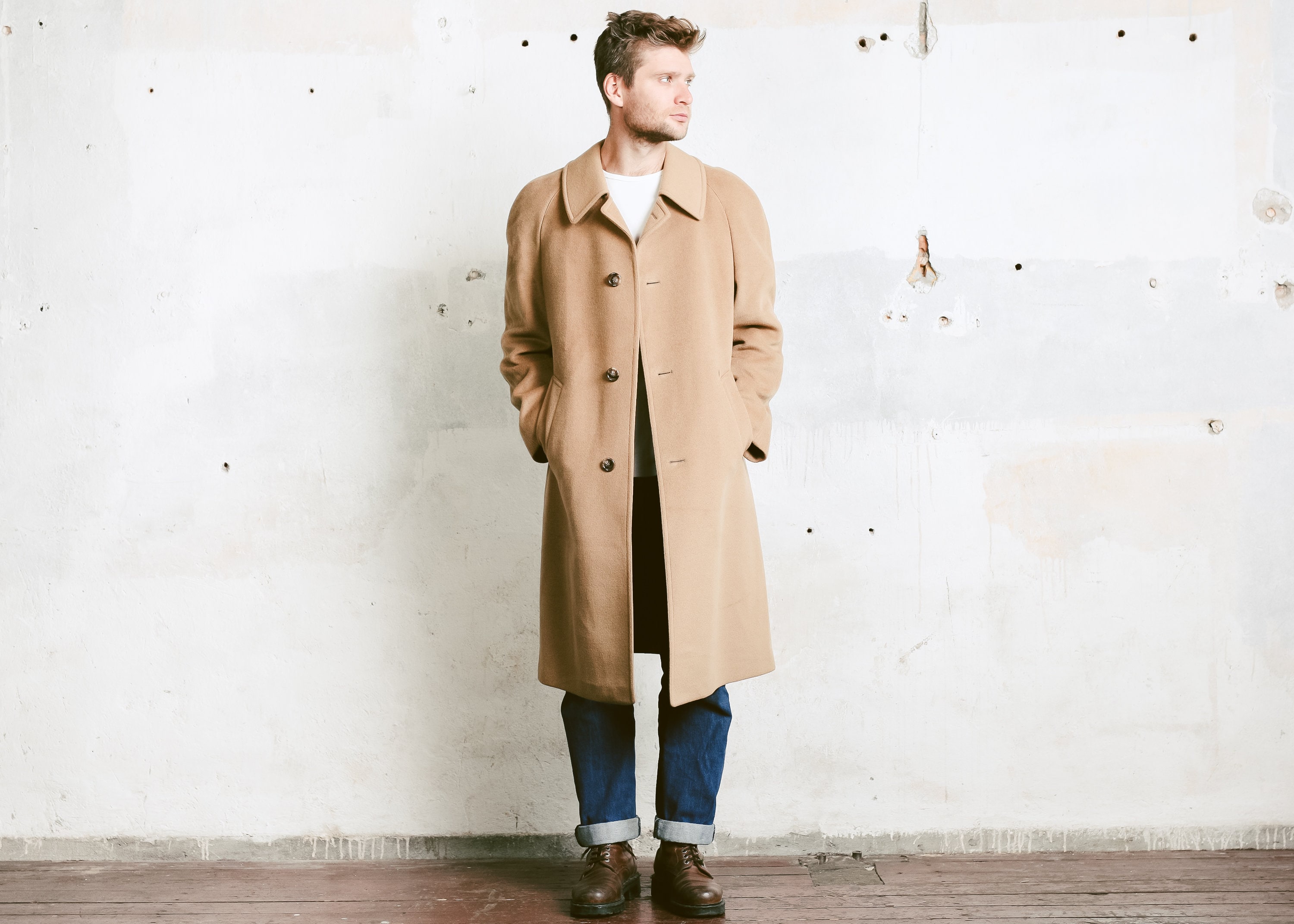 Mens Beige Wool Coat . Vintage 70s Camelhair Overcoat Camel Wool Brown ...