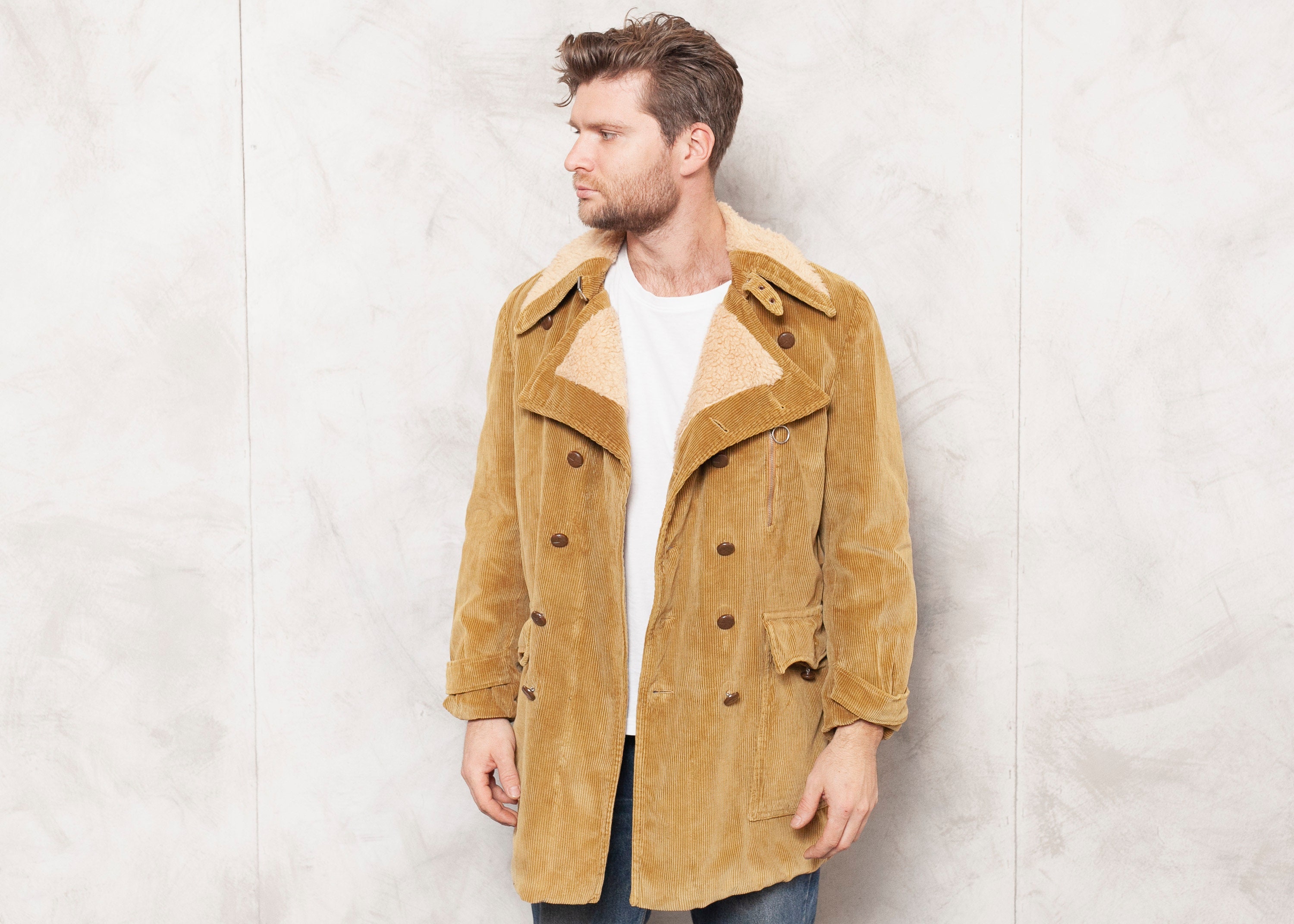 70s Corduroy Coat Vintage Car Coat Brown 1970s Cord Parka Coat Button Up Men's Coat Double