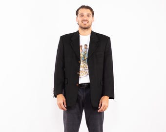 Blazer negro de mezcla de lana de los años 80, chaqueta deportiva retro vintage, talla L para hombre.