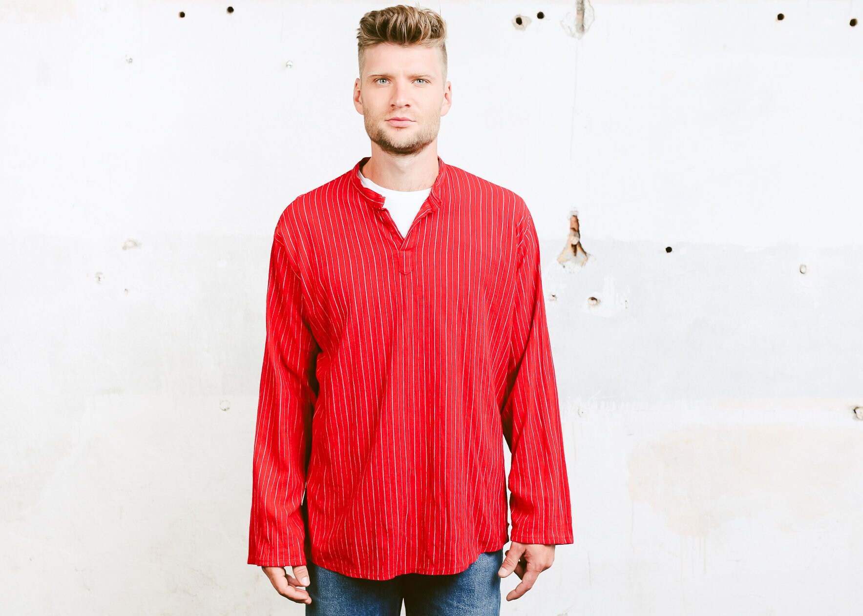 Collarless Shirt . Men Band Collar 
