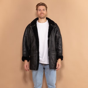 Vintage Sheepskin Coat 80s Black, Size Medium M, Classic Boho Style Suede Coat, Vintage Men Shearling Coat, Warm Coat, Timeless Winterwear
