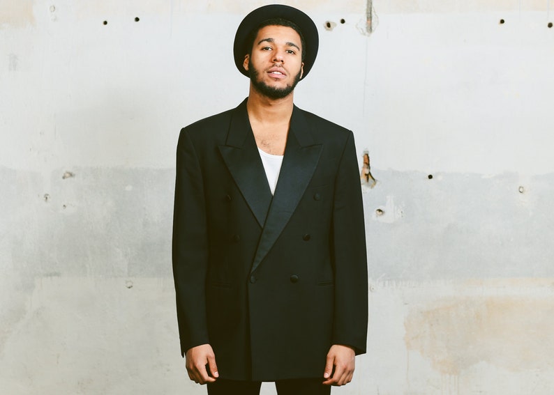 Vintage 1980s TUXEDO Jacket Mens 80s Black Tie Wool Double breasted Wedding Attire Peak Lapels Tux White Tie Formal Wear Medium Large