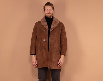 70s Vintage Sheepskin Suede Coat, Mens Size Large, Brown Shearling Collar