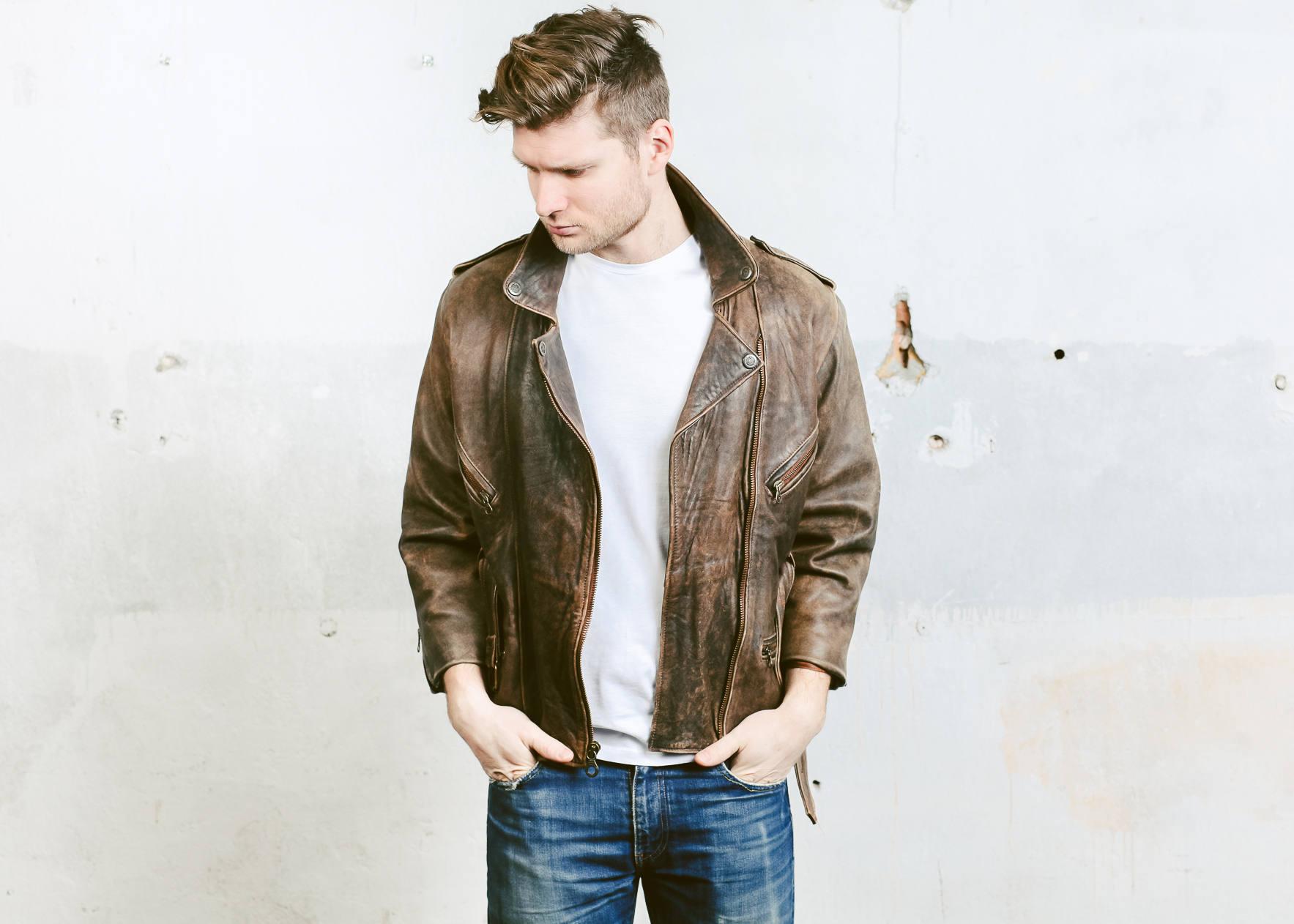 Leather Biker Jacket Coat . Side Zip 