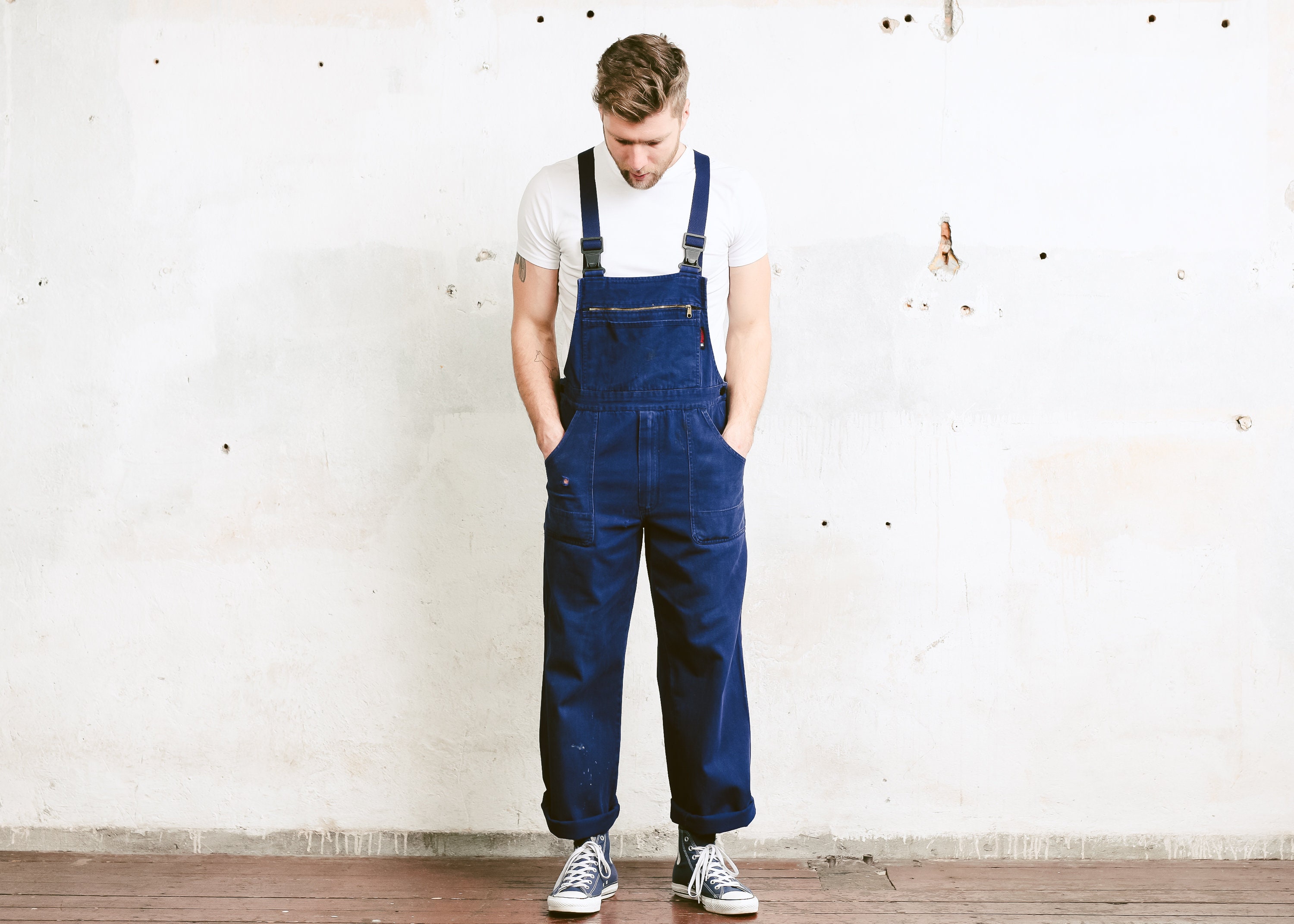 Vintage Men's Work Jumpsuit . Overalls Dark Blue Sanfor 1980s Garage