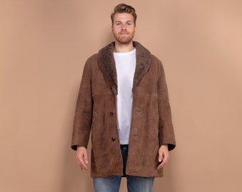 Cappotto di pelle di pecora da uomo, cappotto di pelle scamosciata vintage di grandi dimensioni, cappotto da uomo Boho, cappotto di lana caldo, soprabito da uomo vecchio stile, cappotto di pelliccia marrone, pre amato