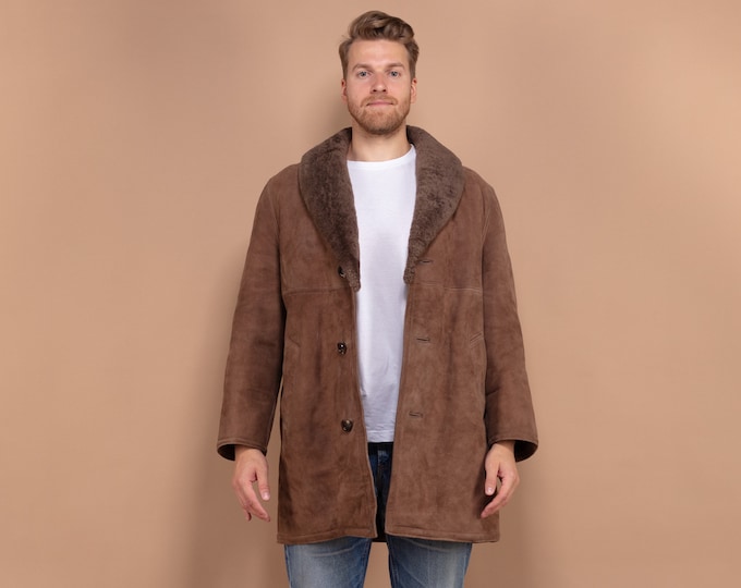 Sheepskin Coat Men, Vintage Suede Coat Large Size, Boho Men Coat, Warm Wool Coat, Old Fashioned Mens Overcoat, Brown Fur Coat, Pre Loved