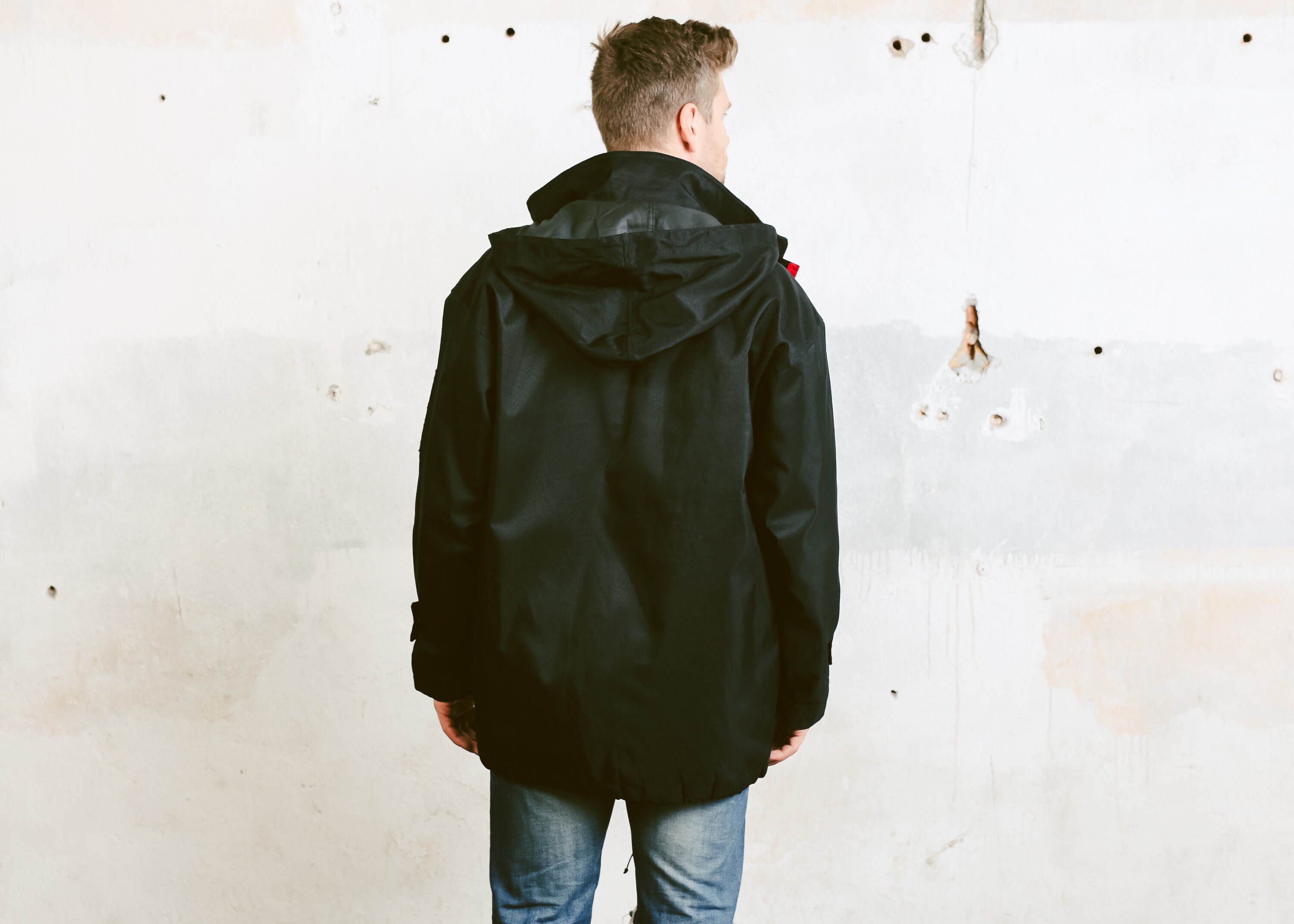 Men's Black Rain Coat . Vintage 90s Sailing Yachting Jacket Insulated Hooded Jacket Windbreaker 