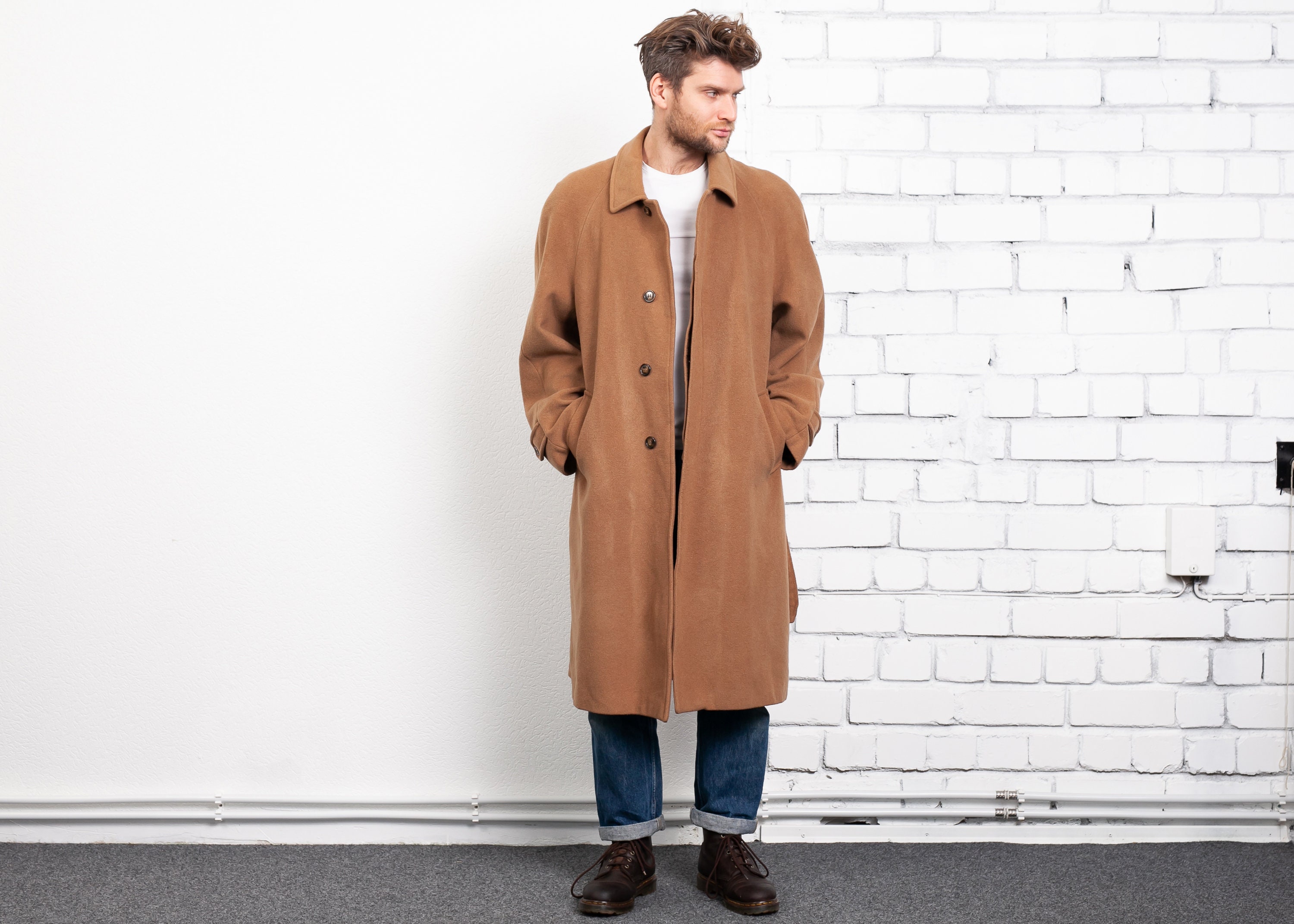 Vintage Wool Blend Coat . Winter Wool Overcoat Camel Brown Men Coat ...