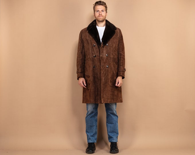 Suede Sherpa Coat, Size Large L, Vintage 70's Men Suede Coat, Western Boho Coat, Retro Winter Sherpa Coat, Pre-Owned Coat, 70s Outerwear