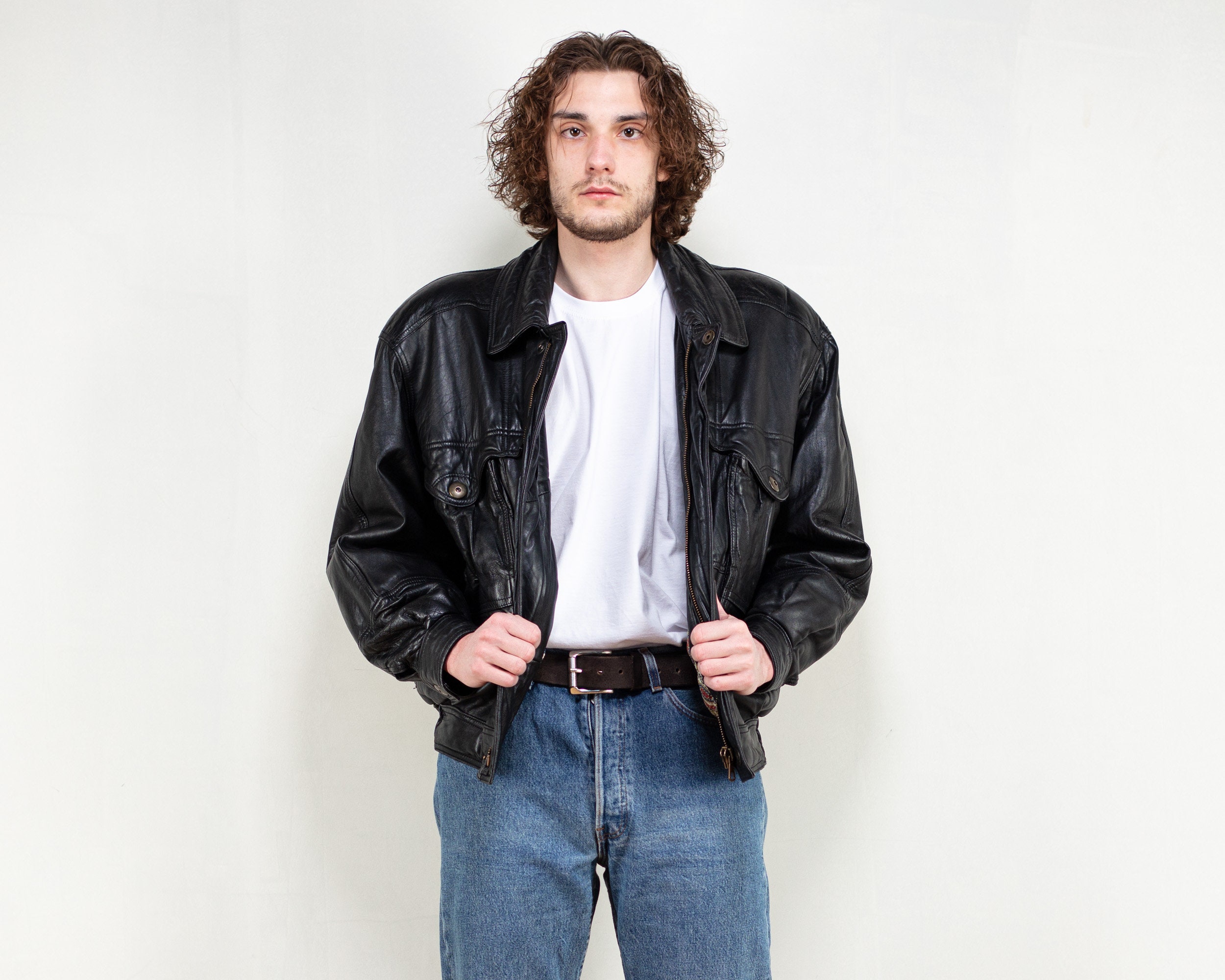 Vintage Black Leather Jacket Men Vintage Leather Bomber Jacket