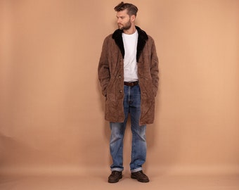 Vintage 70s Brown Shearling Coat: Mens Lambskin Suede Overcoat (Size L)