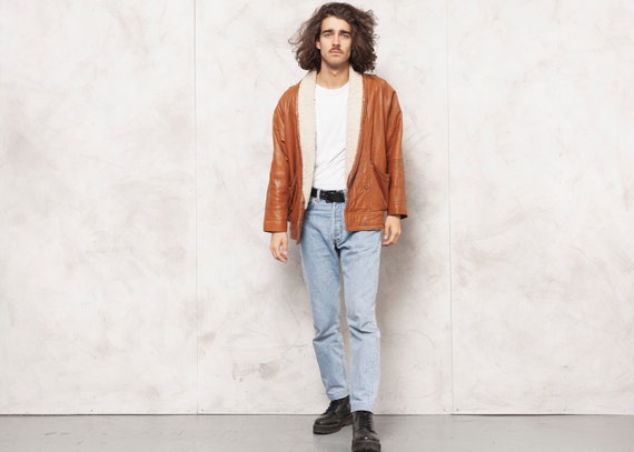 80s Leather Jacket Vintage Sherpa Jacket Men Brown