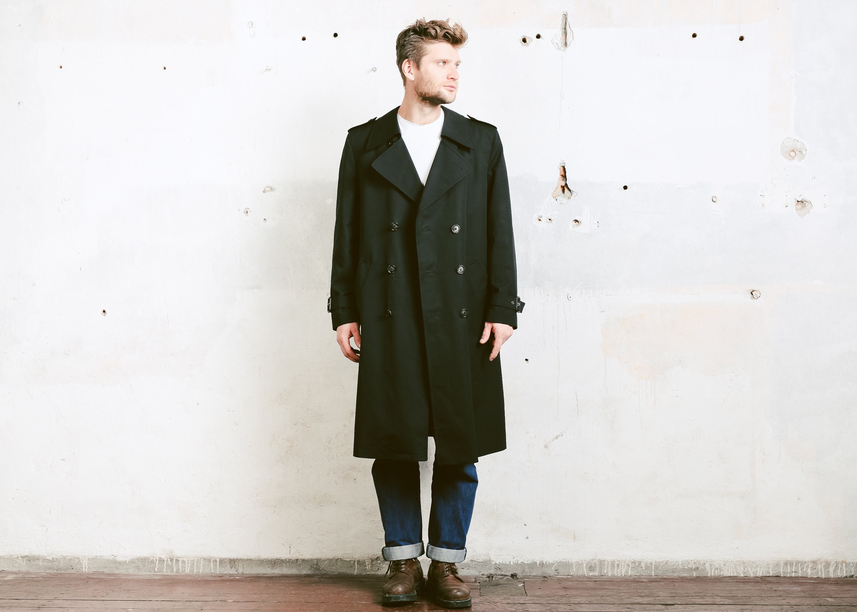 Black Trench Coat . Vinter Coat 80s Insulated Coat Film Noir Topcoat ...