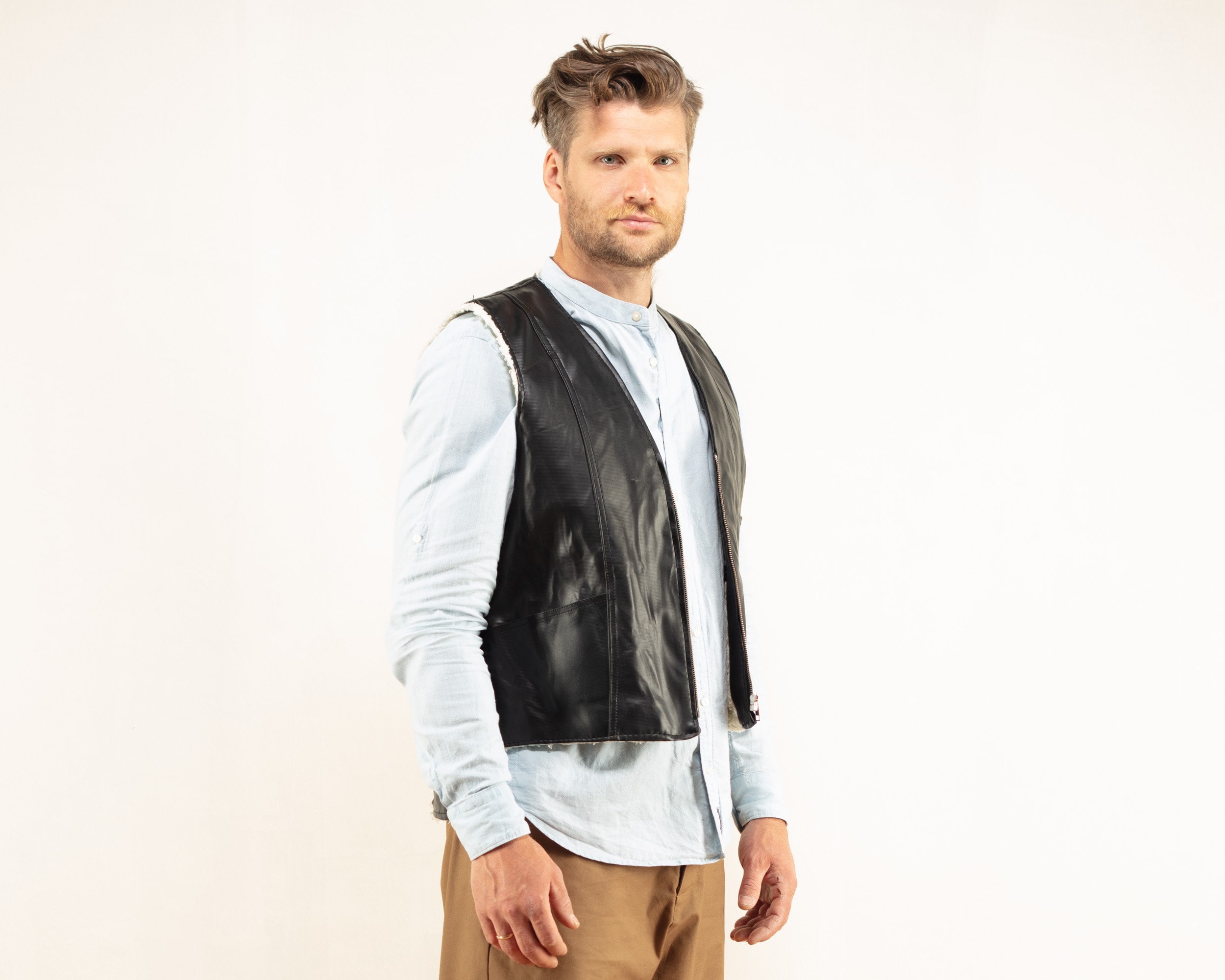 Black PVC Vest vintage 90's faux leather waistcoat 1990's sleeveless