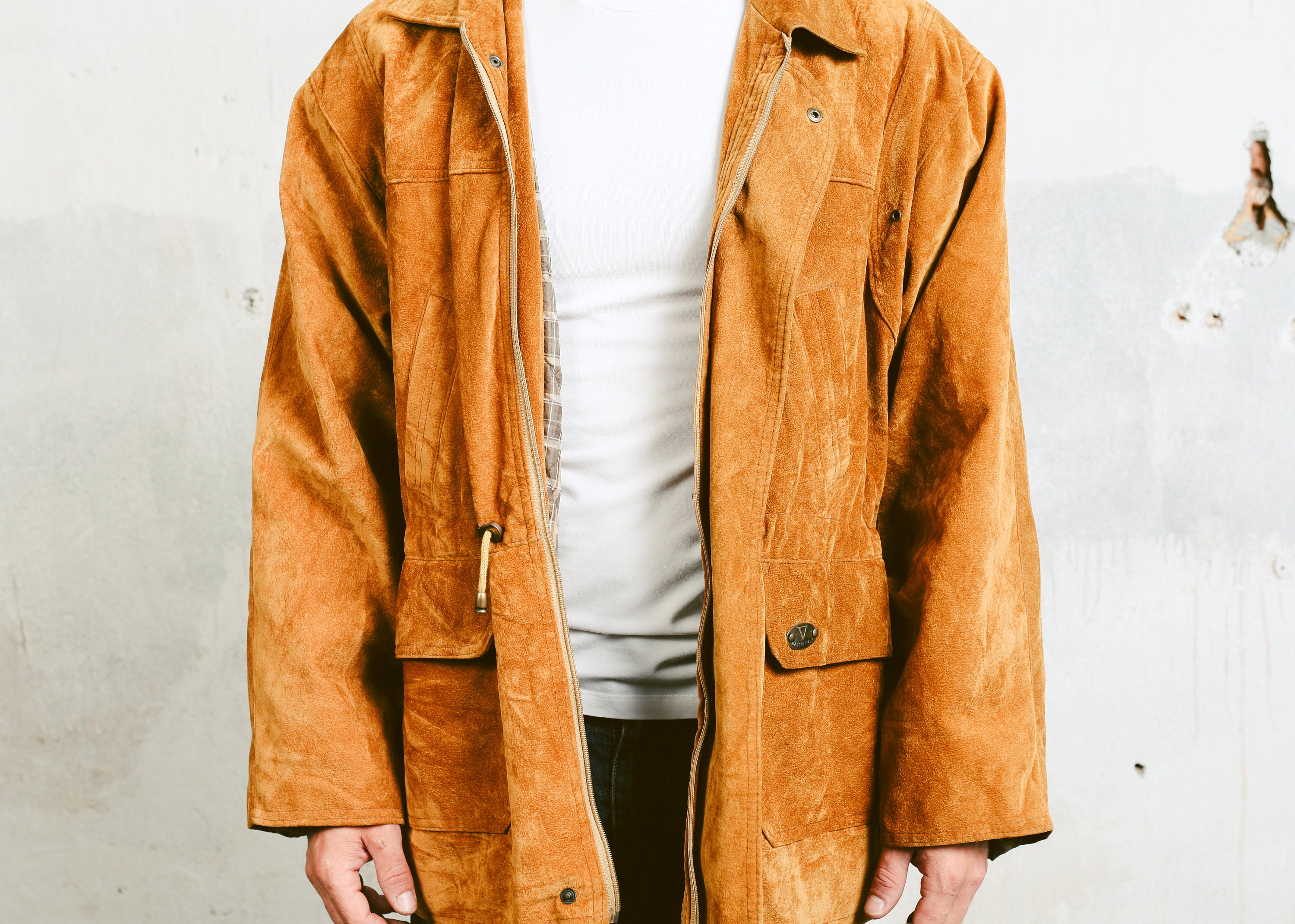 Men's Faux Suede Parka Coat . Oversized Jacket Orange Coat Vintage ...