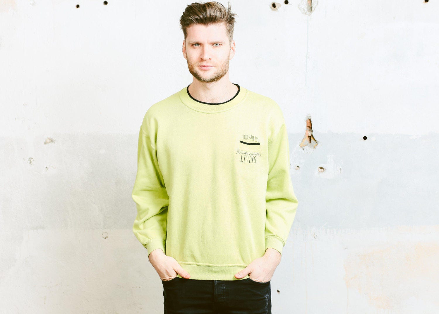 80s Mens Sweatshirt . Vintage Green Oldschool Skater Sports Sweater