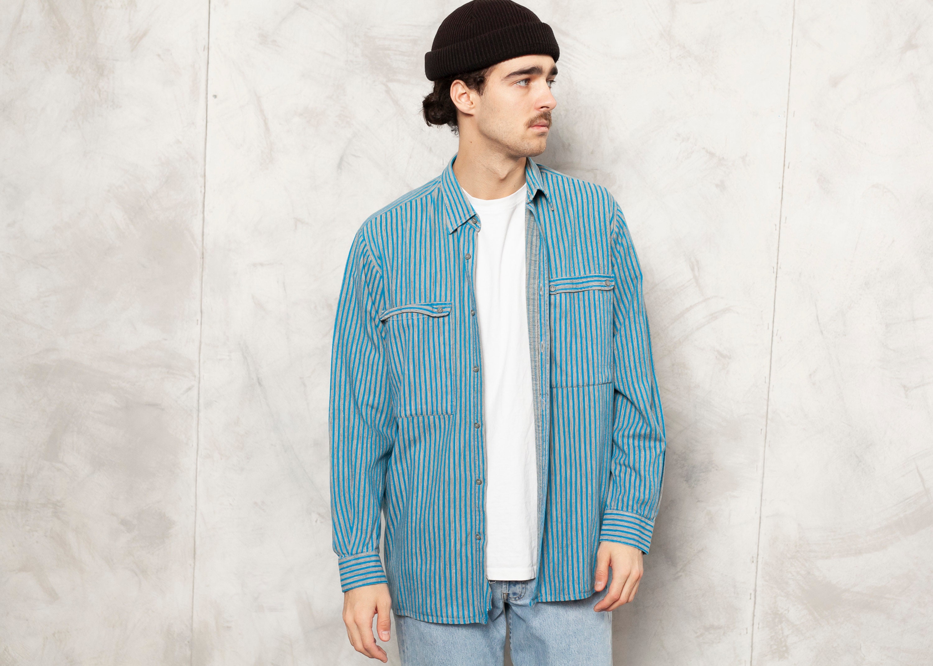 90s Striped Shirt Vintage Men Blue 