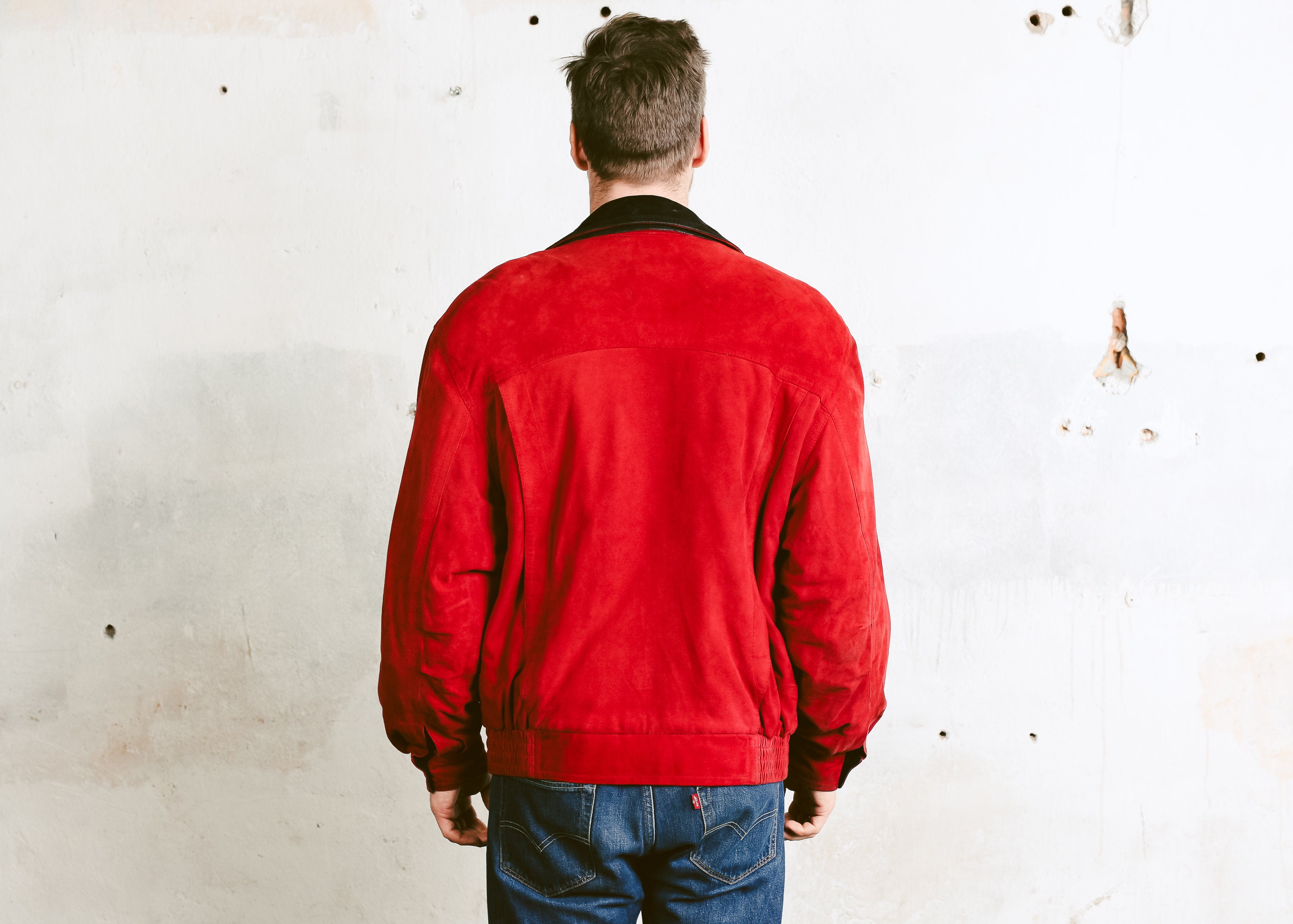 Red Suede Bomber Jacket . Mens Zip Up Red Jacket 80s Grunge Coat Flight