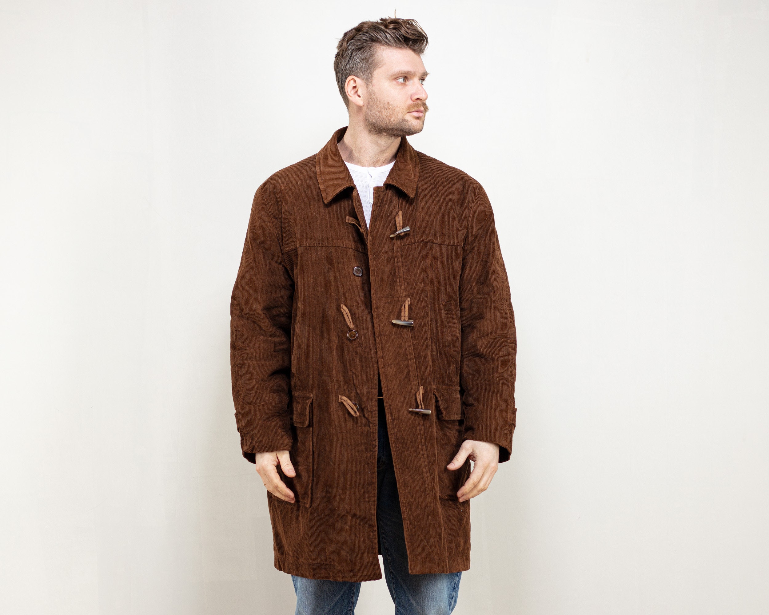 80's Corduroy Duffel Coat vintage 1980s padded brown men long sleeve