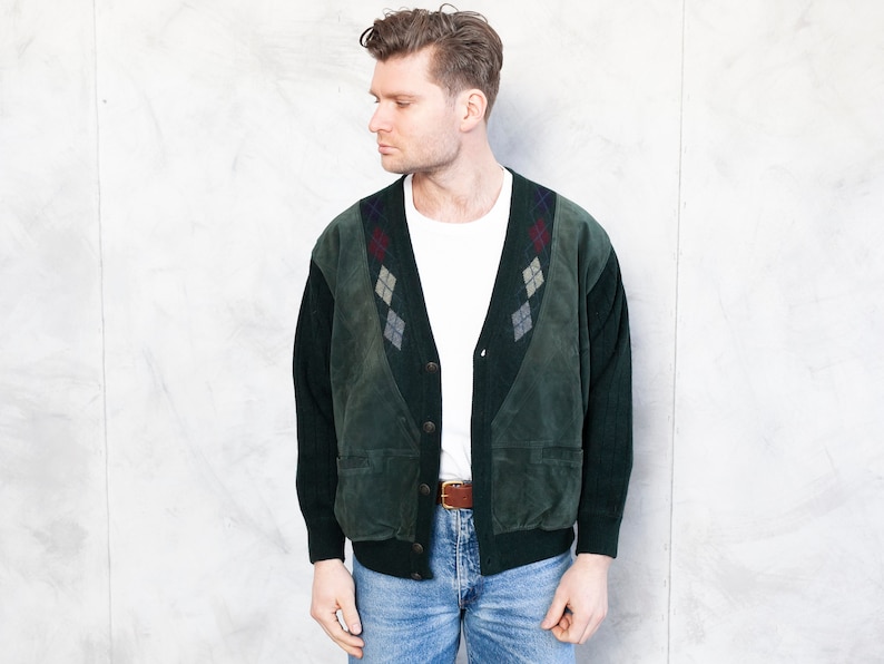 Vintage Men Jacket knitted cardigan suede front cardigan argyle print sweater rockabilly vintage green men/'s aviator jacket size large