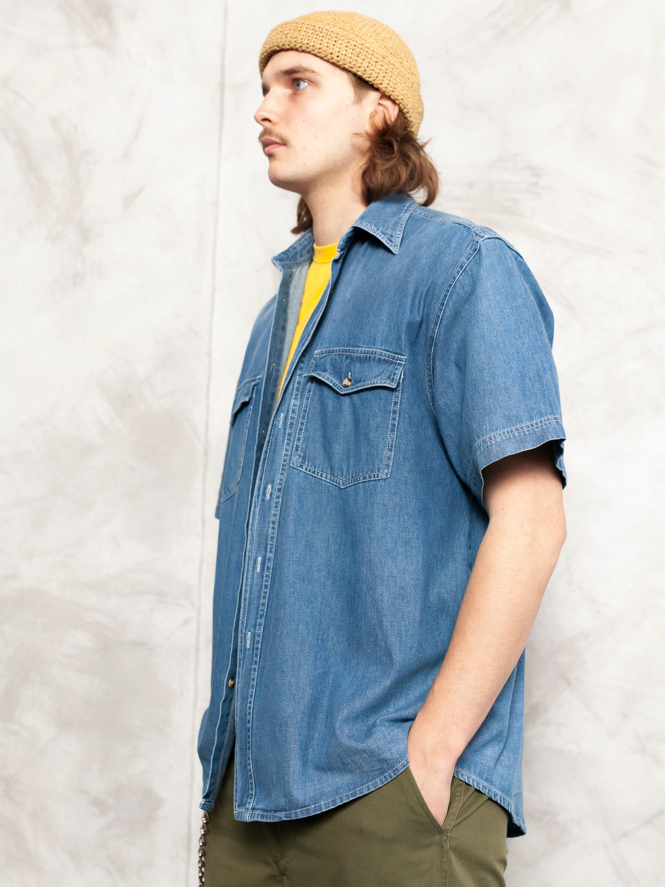 Denim Men Shirt vintage 90s short sleeve western shirt blue free fit jean shirt cotton button down shirt men clothing size xl extra large