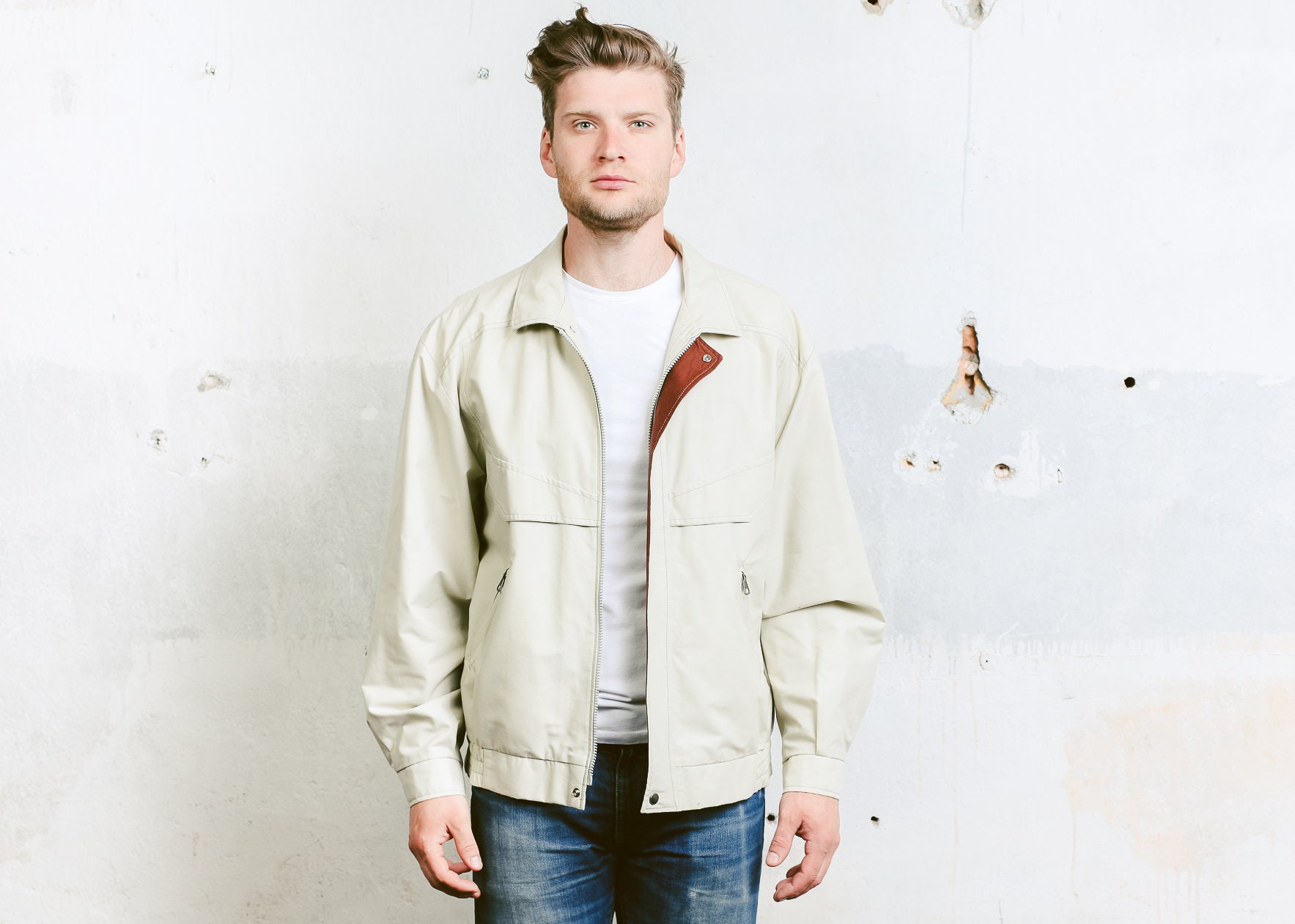 Men 80s Spring Jacket . Beige Lightweight Jacket Vintage 1980s Field ...