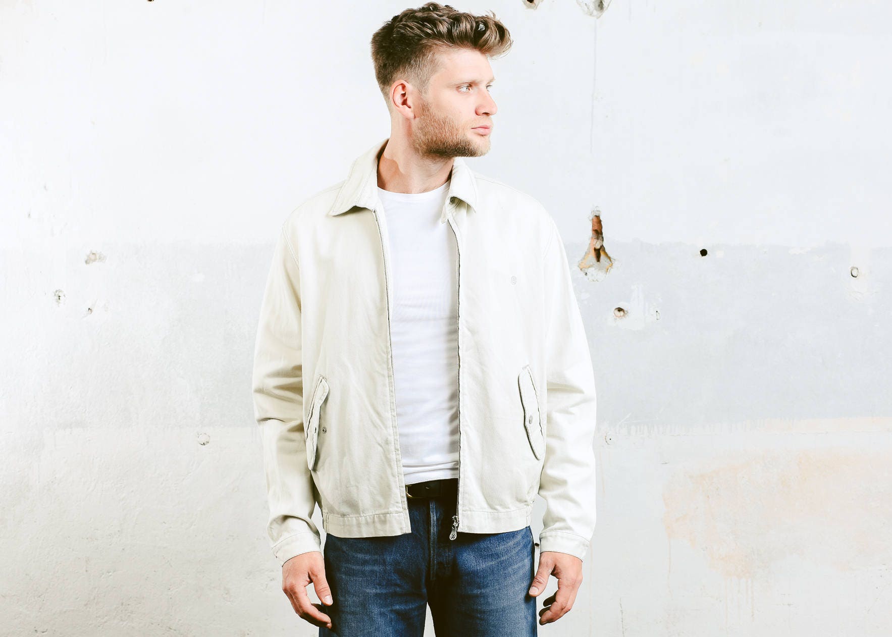 Beige Denim Jacket . Bomber Coach Jacket Mens Vintage 90s Denim Coat ...