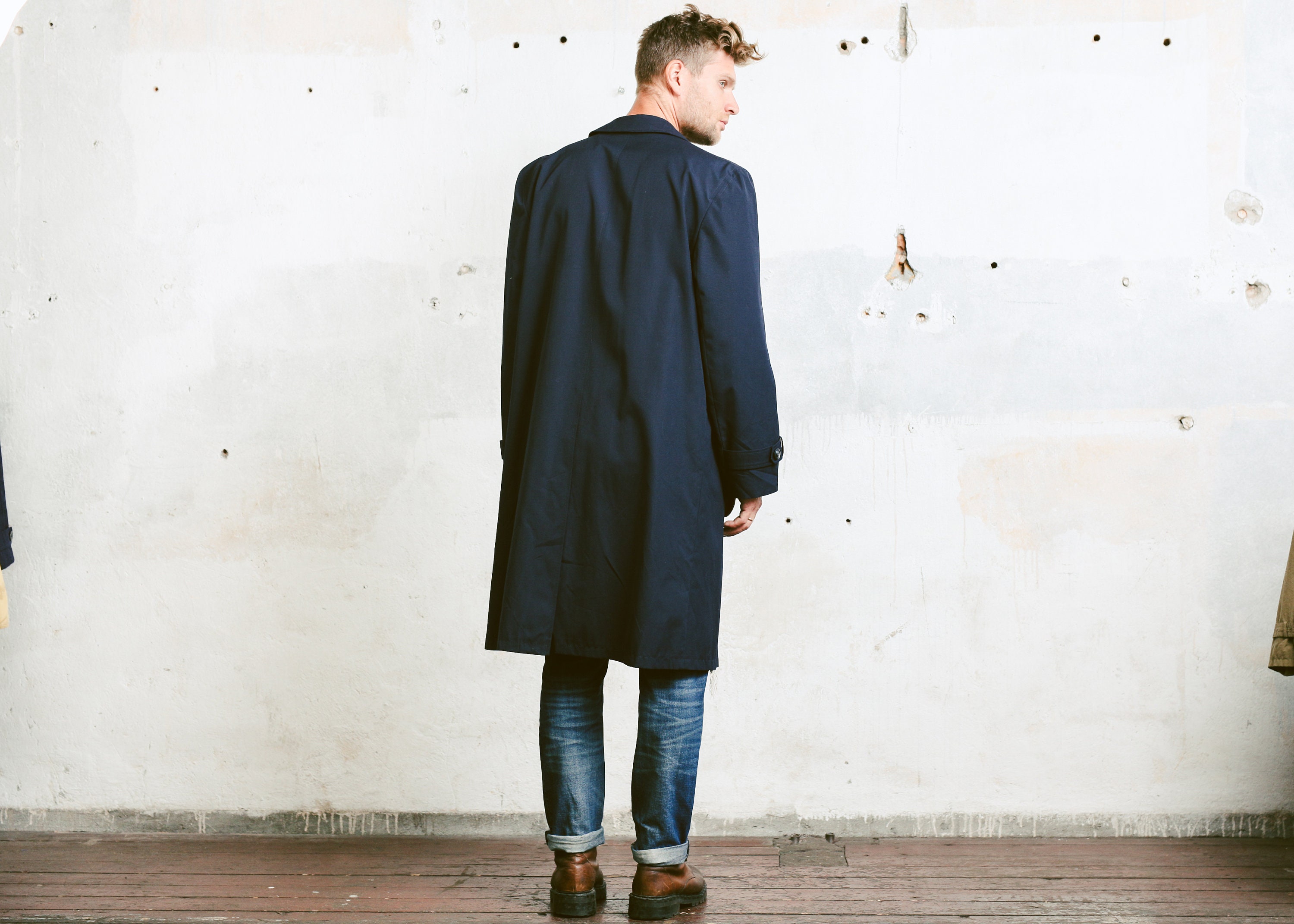 Mens Blue Vintage Coat . 80s Oversized Duster Coat Lightweight Coat ...