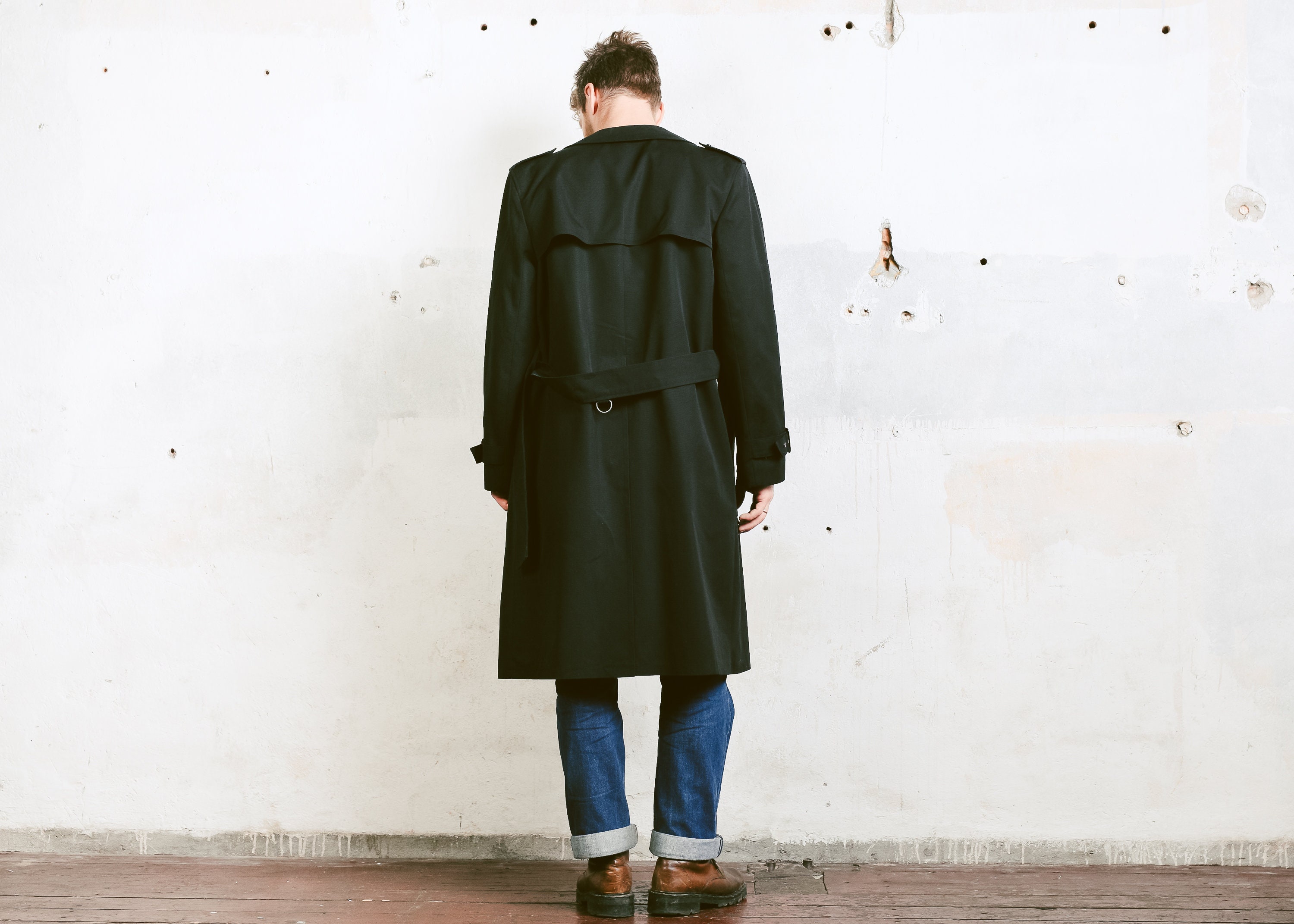 Black Trench Coat . Vinter Coat 80s Insulated Coat Film Noir Topcoat ...