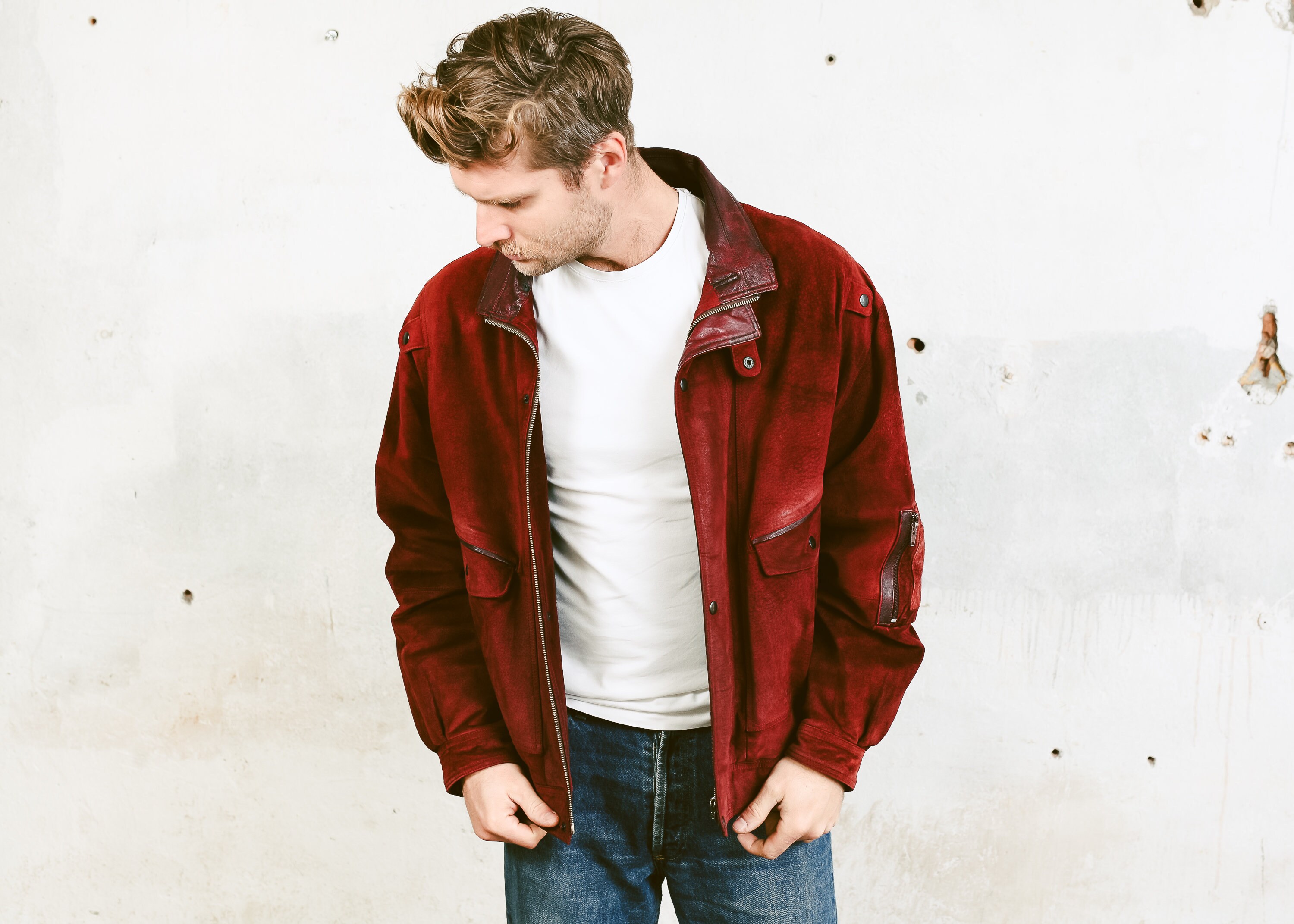 red suede bomber