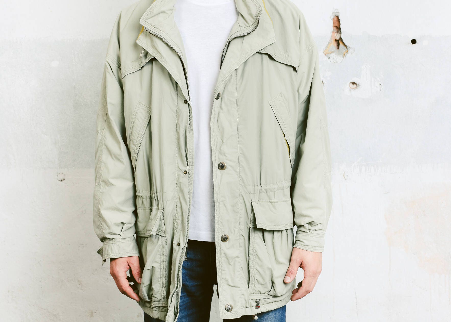 Mens Parka Jacket . Vintage 80s Field Coat Beige Long Jacket Oversized ...