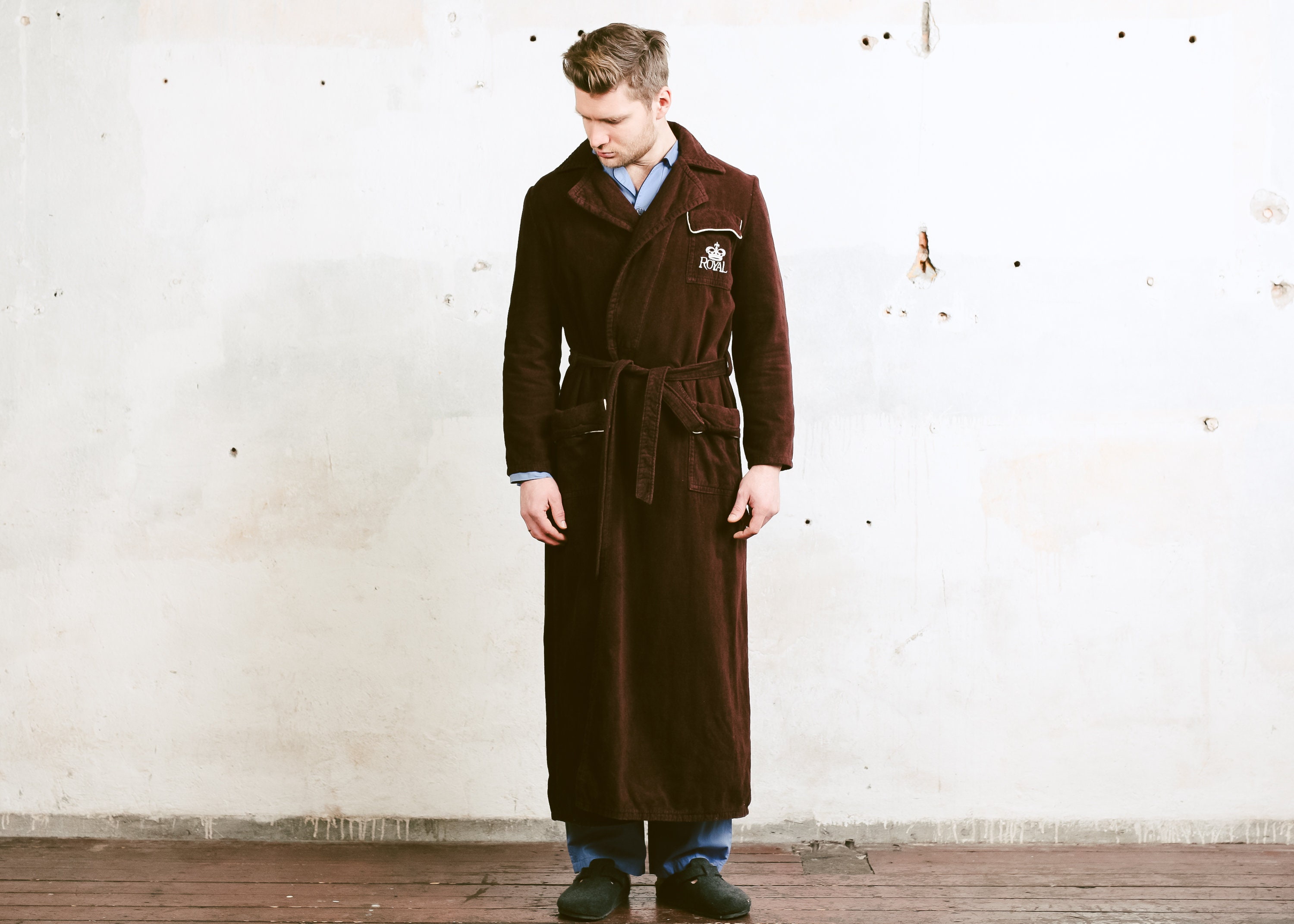 Men Shower Robe . Vintage 80s Brown Morning Swim Robe Patterned Lounge Jacket Loungewear Men