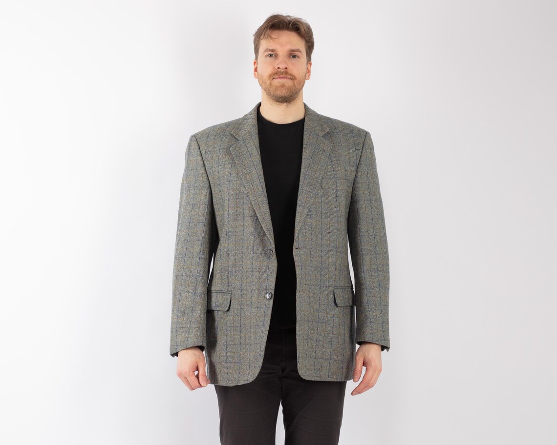 1970s Men's Blue Wool Blazer, Vintage Wool Jacket Men Size XL, foto 1 di 5
