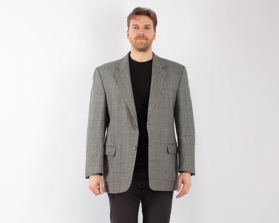 1970s Men's Blue Wool Blazer, Vintage Wool Jacket Men Size XL