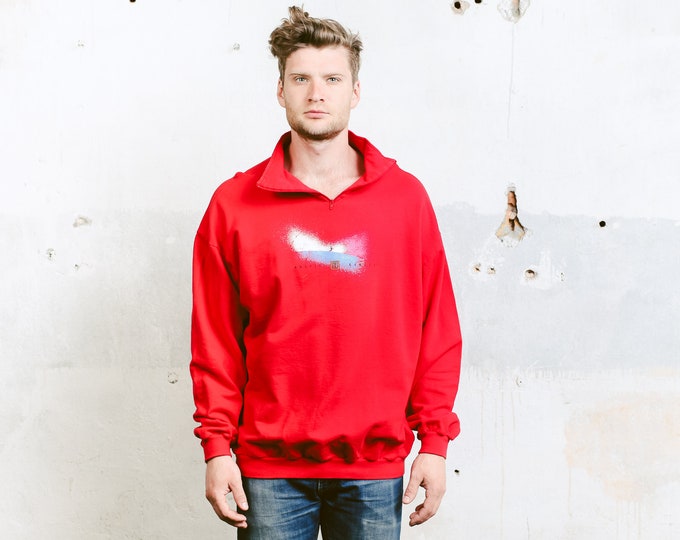 80s Red Men Sweatshirt . Graphic Print Sweater Vintage Red Soft Warm Sports Sweater Sportswear Boyfriend Gift . size Extra Large XL