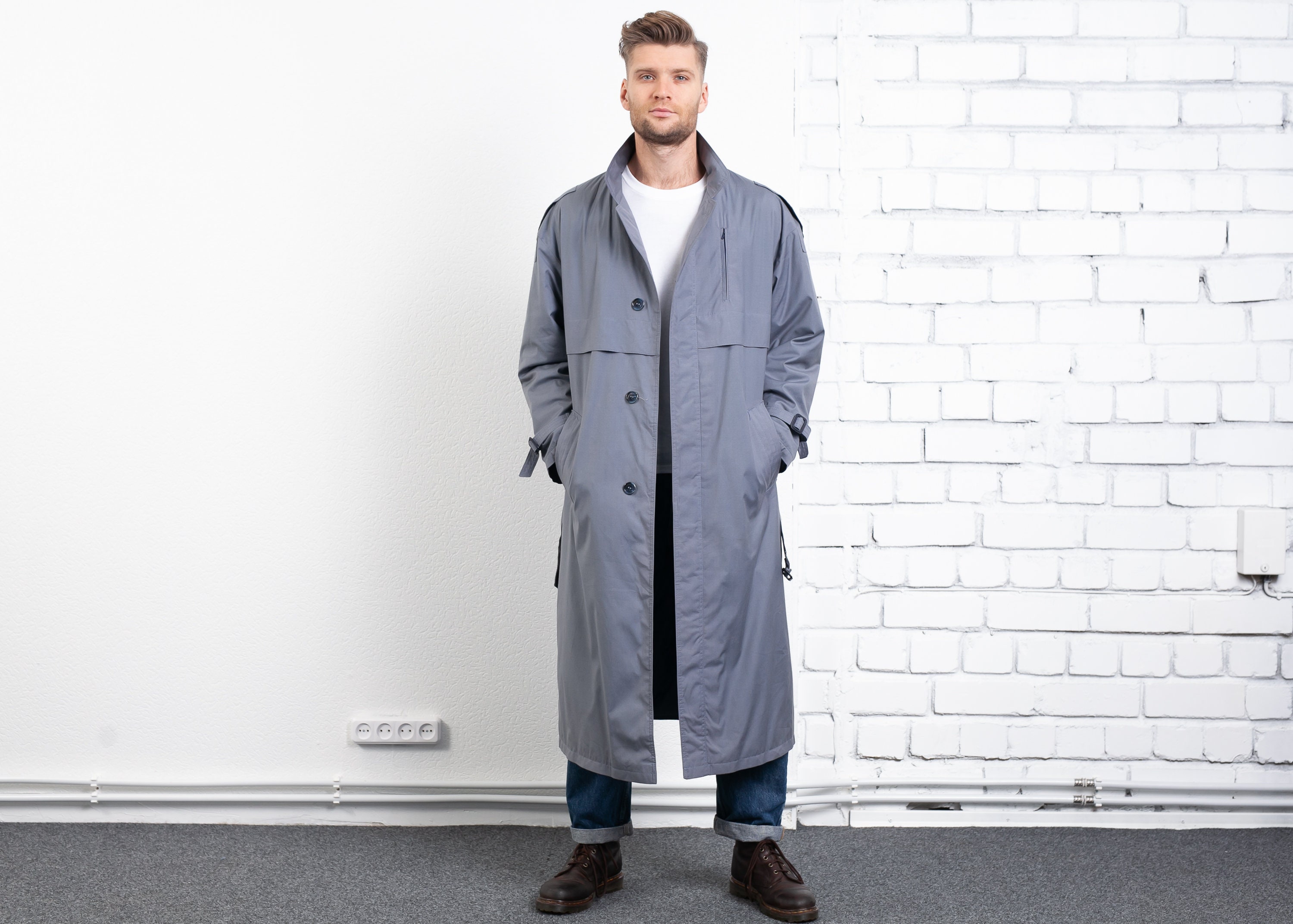 Vintage Grey 70s Coat . Men Vintage Duster Coat 1970s Men's Trench Coat