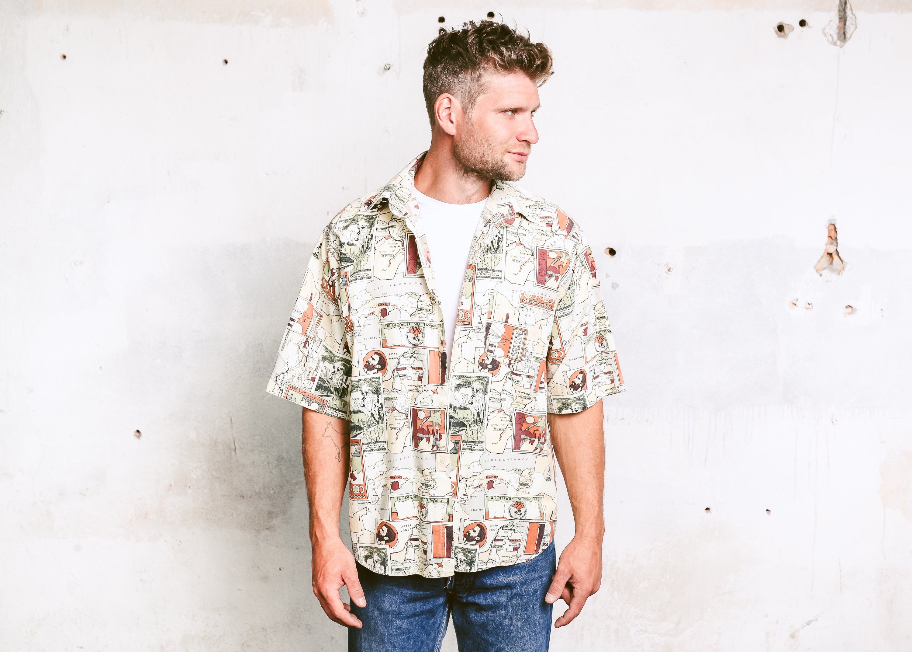 Vintage Novelty Print Summer Shirt . Men 90s Printed Shirt Men's Summer Shirt Bold Vacation