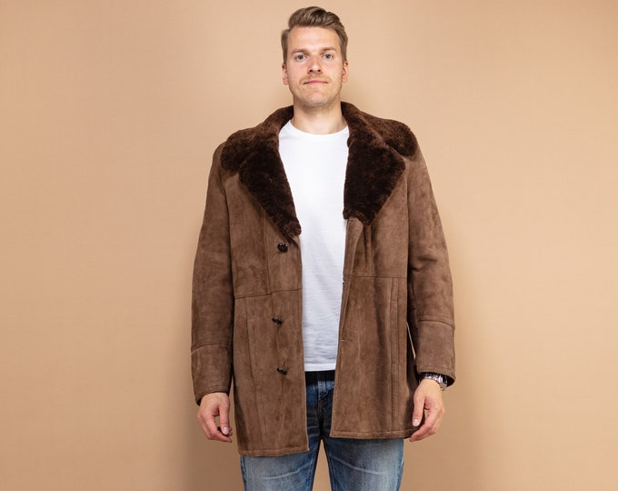 Men Sheepskin Coat 70's, Size Large, Shearling Men Coat, Brown Suede Coat, Retro Western Style Coat, Men Vintage Clothing, Winter Coat