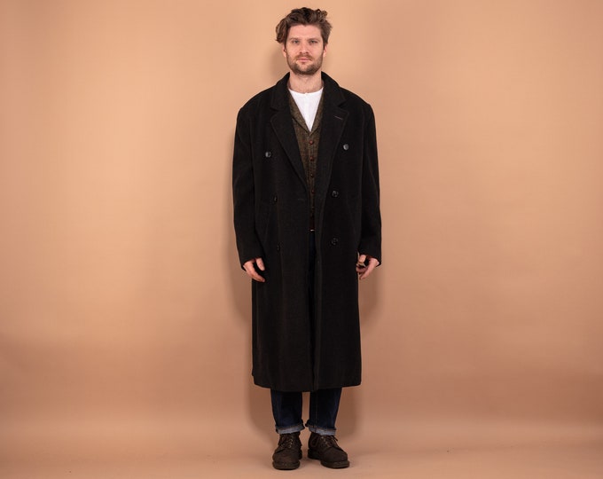 Men Wool Blend Maxi Coat 80's, Size XL, Vintage Minimalist Coat, Dark Gray Wool Overcoat, Belted Men Greatcoat, Classy Long Coat