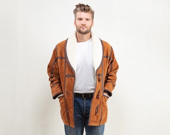 Brown Sheepskin Coat 80's brown vintage suede 1980's winter coat outerwear men men gift idea mens vintage clothing size medium m